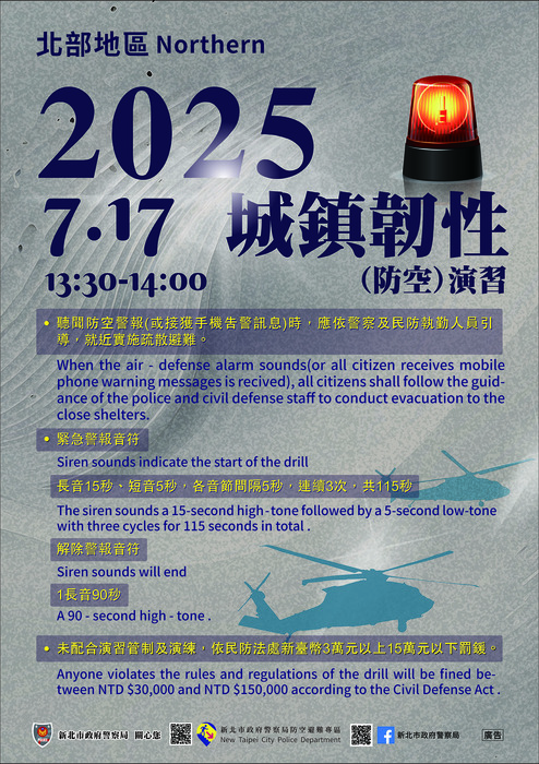 2025城鎮韌性(防空)演習 7月17日13時30分至14時實施圖片