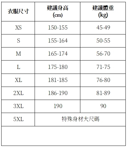 新生制服套量參考表圖片